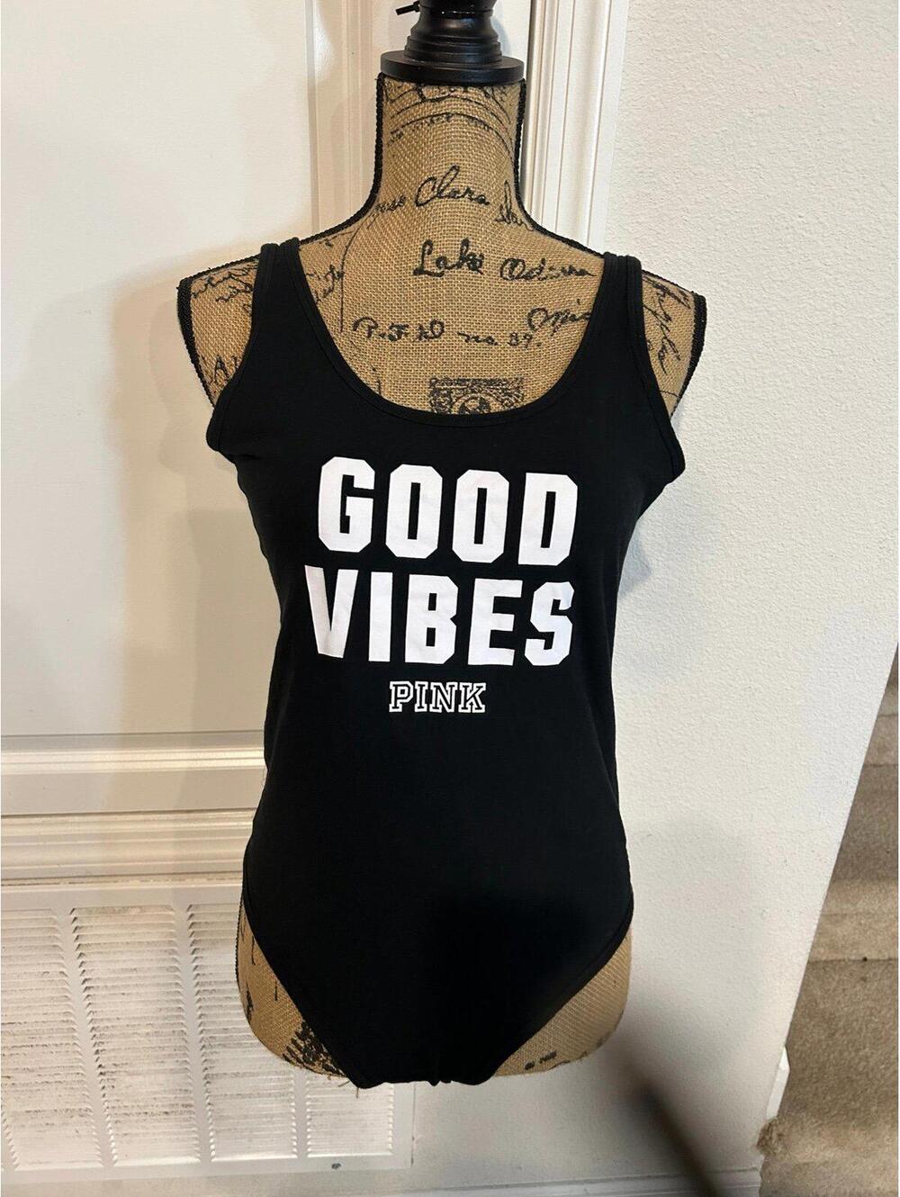 PINK Victorias Secret  “GOOD VIBES” black body suit size L